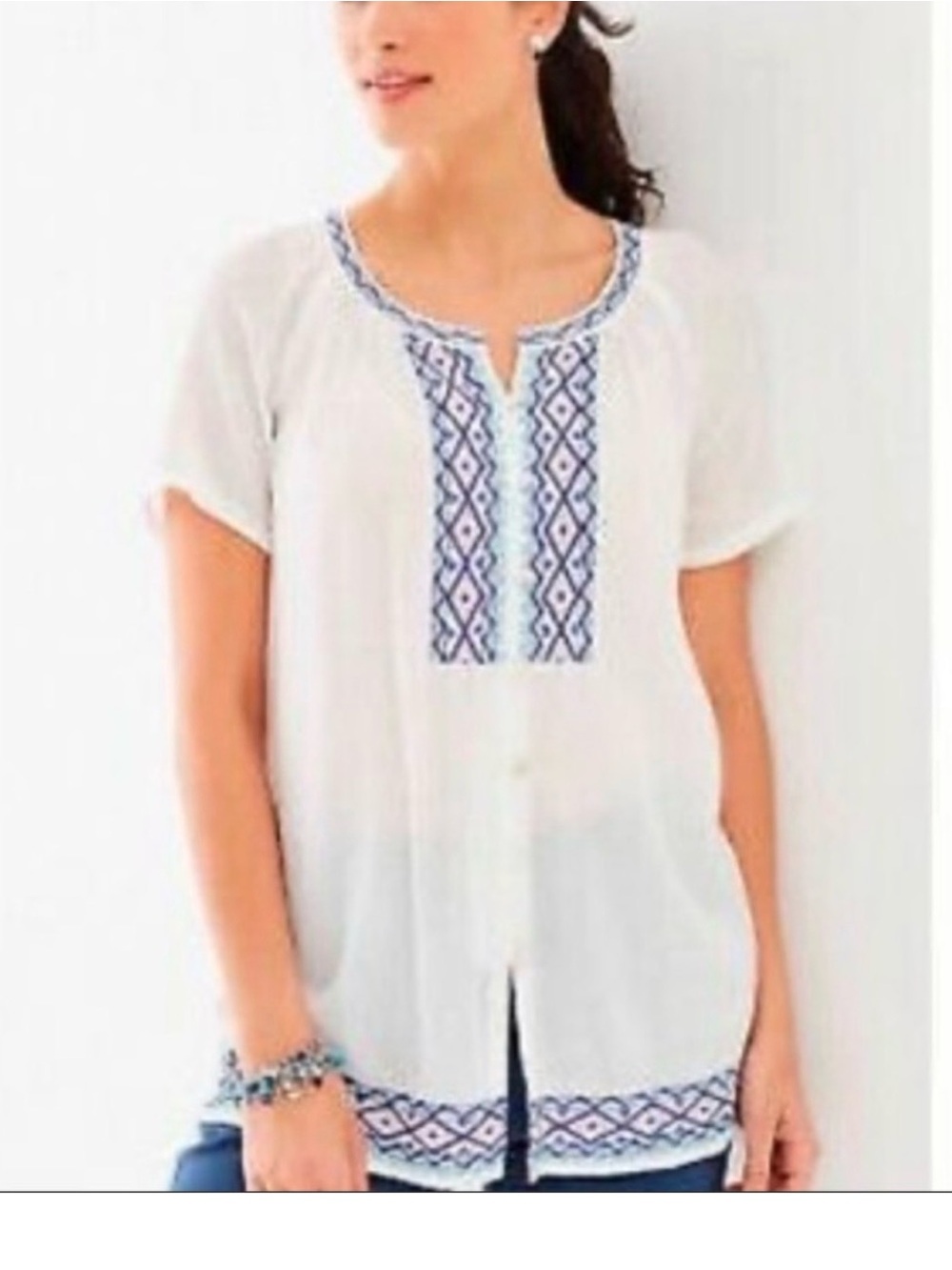 J. Jill Embroidered Short Sleeve Button Down Scoop Neck Tunic Top Size Large